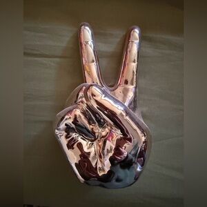 Chrome Peace Sign Hand Sculpture - Shiny Silver Accent